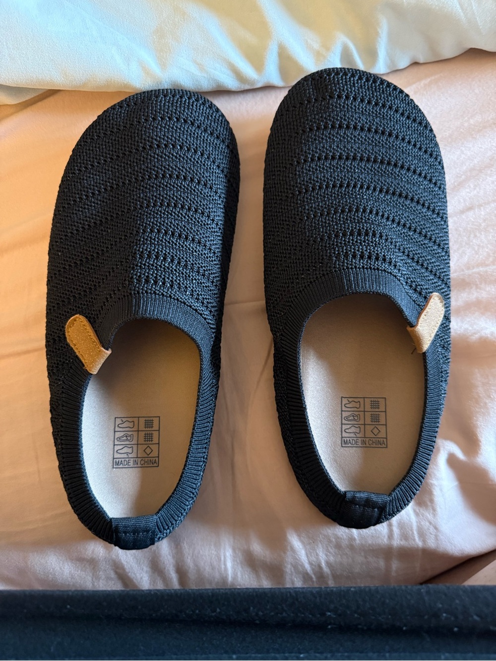 Women's Black Slip-On Knit Slippers with Tan Pull Tabs